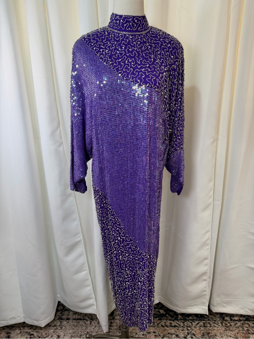 Scarlet Rage Vintage 80’s Vibrant Purple & Silver Beaded Silk Long-Sleeve Dress